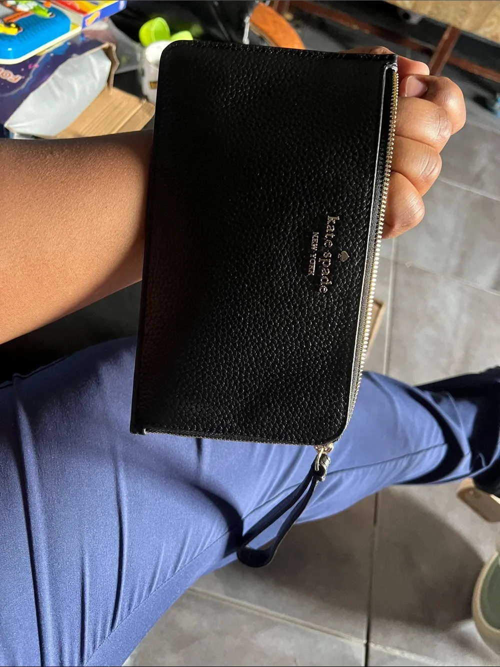 kate spade Black Pebbled Leather Zip Wallet with Gold Logo wristlet